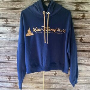 Disney Women's Cropped Hooded‎ Sweatshirt Sz XL Blue Rose-Gold Walt Disney World
